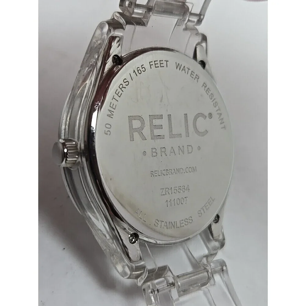 Relic Watch Women 38mm Pave Silver Tone White MOP Dial ZR11904 New Battery